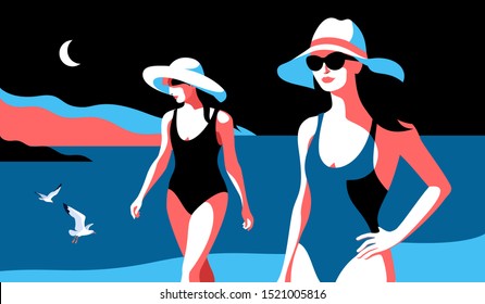 Summer holidays concept. Two female characters wearing swimsuits, big white hats and sunglasses, walking on the night beach. Sea, sky, sun, gulls, girls. Vector illustration