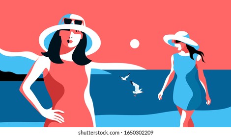 Summer holidays concept. Two female characters wearing light dresses, big white hats and sunglasses, walking on the beach. Sea, sky, sun, gulls, girls. Vector illustration