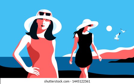 Summer holidays concept. Two girls wearing summer dress, big white hat and sunglasses, walking on the beach. Sea, sky, gulls, girl. Vector illustration