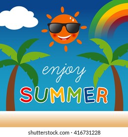 Summer holidays concept typography with sun, palm tree, rainbow and cloud. Funny cartoon vector illustration for kids.