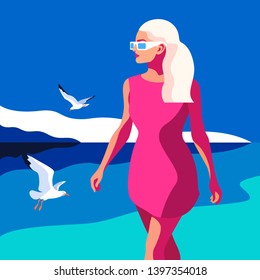 Summer holidays concept. Young blonde woman wearing pink dress and sunflasses walking on the beach. Sea background with gulls. Vector illustration