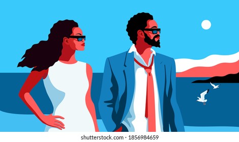 Summer holidays concept. Young couple, African man and woman walking on the beach. Vector illustration