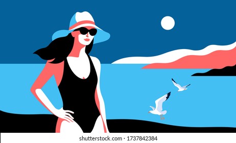 Summer holidays concept. Young woman wearing swimsuit, hat and sunglasses, standing on the beach. Sea, sky, gulls, girl. Vector illustration