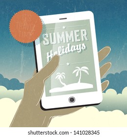 Summer holidays conceptual illustration. Smart phone in hand. Vector