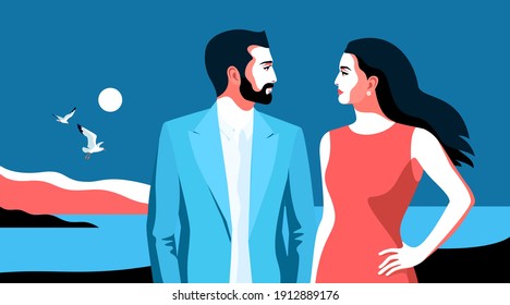 Summer holidays. Couple in love on the beach. Male and female characters, faces to face. Sea background with gulls. Vector illustration