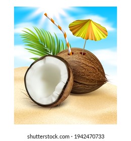 Summer Holidays Creative Promotional Poster Vector. Summer Refreshment Coconut Cocktail Drink Decorated Straw And Umbrella On Beach Sand Advertising Banner. Style Concept Template Illustration