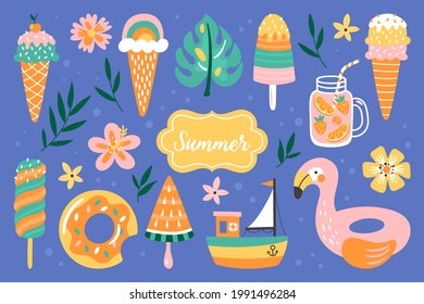 Summer holidays cute element set. Childish print for card, stickers, party invitations and apparel