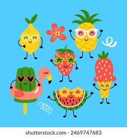 Vacaciones de verano lindo divertido conjunto de frutas. Estampado infantil para tarjetas, pegatinas, invitaciones a fiestas y prendas de vestir