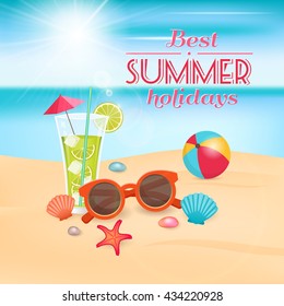 Summer holidays design with cocktail ball starfish shells sunglasses on sand calm sea bright sun vector illustration 