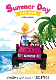 Summer holidays design concept in cartoon style with young girl and boy moving in jeep  on south coast vector illustration 