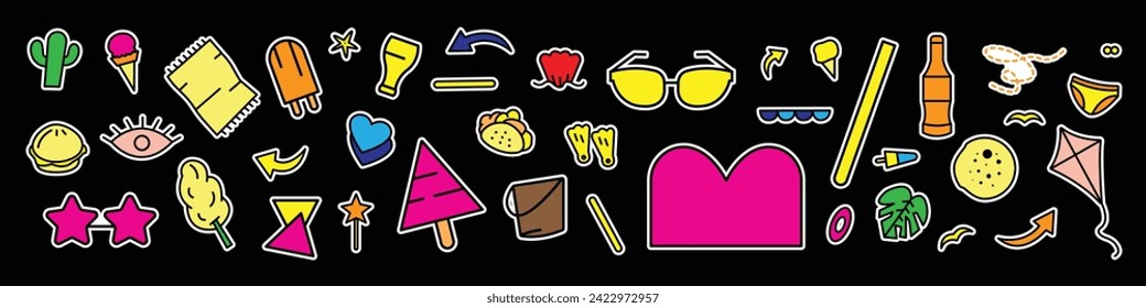 Summer holidays design elements - accessories, tropical plants, beach items and sports objects, etc. Vector illustration