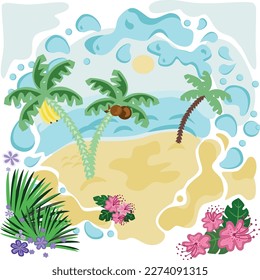 Summer holidays, design elements, palm trees, sea, ocean, water, spray, flowers, sand. For banners and decorations.