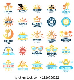 Summer holidays design elements. Retro and vintage templates. Labels, Badges, Posters, T-shirts, Apparel. Vector set. Beach vacation, party, travel, tropical paradise, adventure.