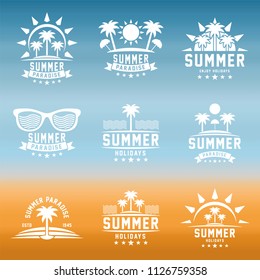 Summer holidays design elements set. Retro and vintage templates. Labels, Badges, Posters, T-shirts, Apparel. Vector set. Beach vacation, party, travel, tropical paradise, adventure.