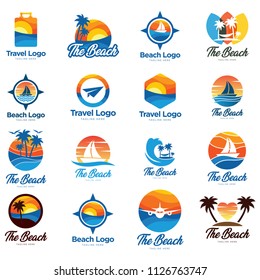 Summer holidays design elements set. Retro and vintage templates. Labels, Badges, Posters, T-shirts, Apparel. Vector set. Beach vacation, party, travel, tropical paradise, adventure.