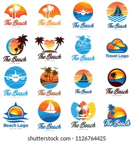 Summer holidays design elements set. Retro and vintage templates. Labels, Badges, Posters, T-shirts, Apparel. Vector set. Beach vacation, party, travel, tropical paradise, adventure.