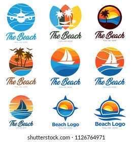 Summer holidays design elements set. Retro and vintage templates. Labels, Badges, Posters, T-shirts, Apparel. Vector set. Beach vacation, party, travel, tropical paradise, adventure.