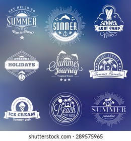 Summer Holidays Design Elements. Set of Hipster Vintage Logotypes and Badges on Colorful Background