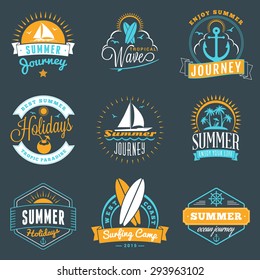 Summer Holidays Design Elements. Set of Hipster Vintage Logotypes and Badges in Three Colors on Dark Background