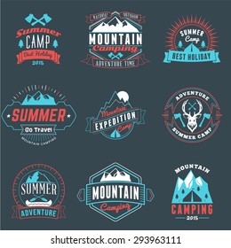 Summer Holidays Design Elements. Set of Hipster Vintage Logotypes and Badges in Three Colors on Dark Background