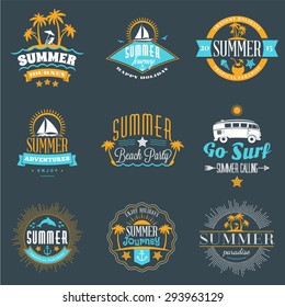 Summer Holidays Design Elements. Set of Hipster Vintage Logotypes and Badges in Three Colors on Dark Background