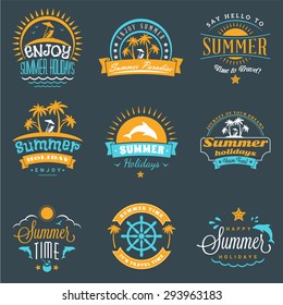 Summer Holidays Design Elements. Set of Hipster Vintage Logotypes and Badges in Three Colors on Dark Background