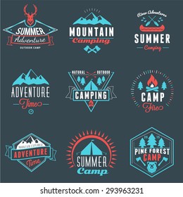 Summer Holidays Design Elements. Set of Hipster Vintage Logotypes and Badges in Three Colors on Dark Background