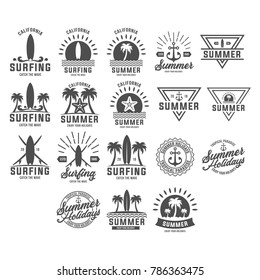 Summer holidays design elements set. Retro and vintage templates. Labels, Badges, emblem, vector illustration