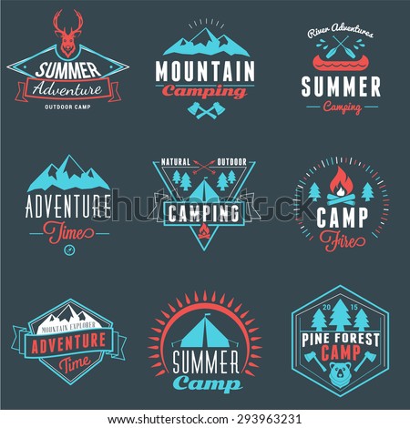 Summer Holidays Design Elements. Set of Hipster Vintage Logotypes and Badges in Three Colors on Dark Background