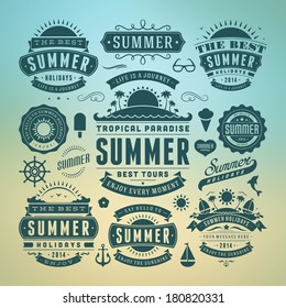 Summer holidays design elements and typography design. Retro and vintage templates. Flourishes calligraphic ornaments, labels, badges, cards. Vector set. 