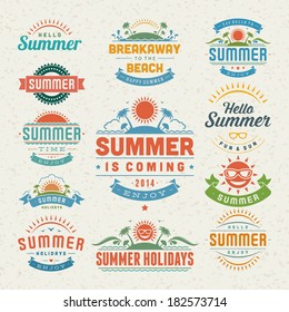 Summer holidays design elements and typography design. Retro and vintage templates. Flourishes calligraphic ornaments, labels, badges, cards. Vector set. 