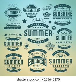 Summer Holidays Design Elements And Typography Design. Retro And Vintage Templates. Flourishes Calligraphic Ornaments, Labels, Badges, Cards. Vector Set. 