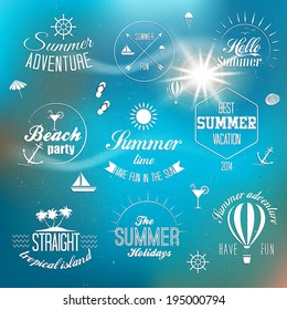 Summer holidays design elements and typography design. Retro and vintage templates. Flourishes calligraphic ornaments, labels, badges, cards. Vector
