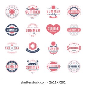 Summer holidays design elements and typography set. Retro and vintage templates. Labels, Badges, Posters, T-shirts, Apparel. Vector set. Beach vacation, party, travel, tropical paradise, adventure.