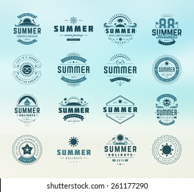 Summer holidays design elements and typography set. Retro and vintage templates. Labels, Badges, Posters, T-shirts, Apparel. Vector set. Beach vacation, party, travel, tropical paradise, adventure.