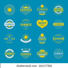 Summer holidays design elements and typography set. Retro and vintage templates. Labels, Badges, Posters, T-shirts, Apparel. Vector set. Beach vacation, party, travel, tropical paradise, adventure.