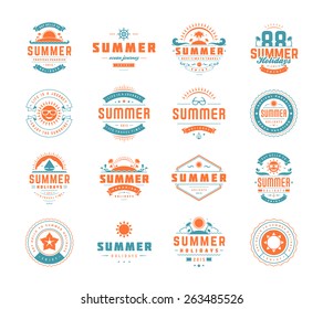 Summer holidays design elements and typography set. Retro and vintage templates. Labels, Badges, Posters, T-shirts, Apparel. Vector set. Beach vacation, party, travel, tropical paradise, adventure.