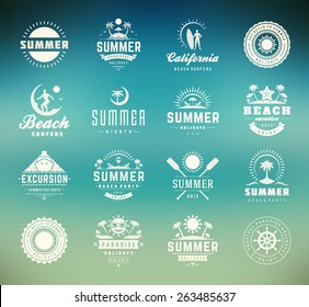 Summer holidays design elements and typography set. Retro and vintage templates. Labels, Badges, Posters, T-shirts, Apparel. Vector set. Beach vacation, party, travel, tropical paradise, adventure.