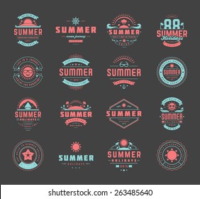 Summer holidays design elements and typography set. Retro and vintage templates. Labels, Badges, Posters, T-shirts, Apparel. Vector set. Beach vacation, party, travel, tropical paradise, adventure.