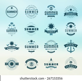 Summer holidays design elements and typography set. Retro and vintage templates. Labels, Badges, Posters, T-shirts, Apparel. Vector set. Beach vacation, party, travel, tropical paradise, adventure.