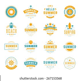 Summer holidays design elements and typography set. Retro and vintage templates. Labels, Badges, Posters, T-shirts, Apparel. Vector set. Beach vacation, party, travel, tropical paradise, adventure.