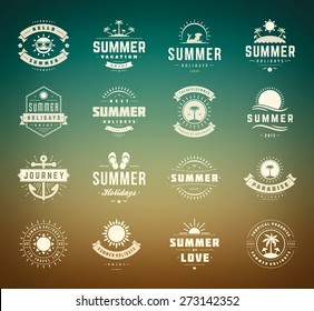 Summer holidays design elements and typography set. Retro and vintage templates. Labels, Badges, Posters, Emblems. Vector set. Beach vacation party, tropical paradise adventure.