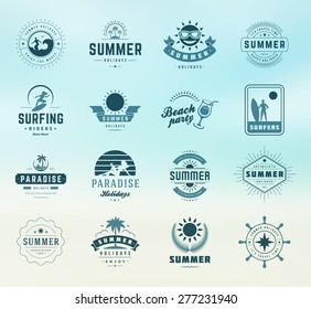 Summer holidays design elements and typography set. Retro and vintage templates. Labels, Badges, Posters, Emblems. Vector set. Beach vacation party, tropical paradise adventure.