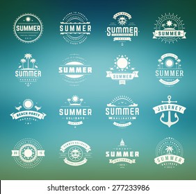 Summer holidays design elements and typography set. Retro and vintage templates. Labels, Badges, Posters, Emblems. Vector set. Beach vacation party, tropical paradise adventure.