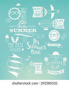 Summer holidays design elements and typography set. Retro and vintage templates. Labels, Badges, Posters, T-shirts, Apparel. Vector set. Hello summer, holiday, summer sale,  travel.