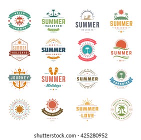 Summer Holidays Design Elements and Typography Set Retro and Vintage Templates Labels and Badges, Beach Party Posters Vector.