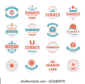 Summer Holidays Design Elements and Typography Set Retro and Vintage Templates Labels and Badges, Beach Party Posters Vector.