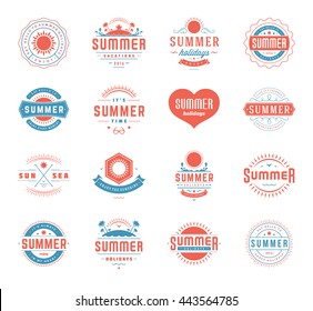 Summer Holidays Design Elements and Typography Set Retro and Vintage Templates. Labels and Badges, Beach Party Posters or Flyers Vector Illustration. 