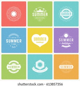 Summer holidays design elements and typography vector set. Retro and vintage style labels and badges good for Posters, greeting cards and advertising. Beach vacation, party, travel, tropical paradise.