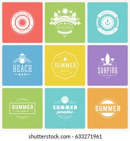 Summer holidays design elements and typography vector set. Retro and vintage style labels and badges good for Posters, greeting cards and advertising. Beach vacation, party, travel, tropical paradise.